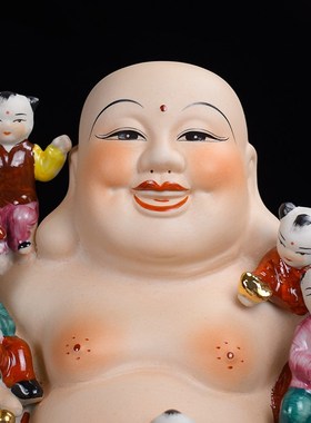 陶瓷五子登科弥勒佛摆件大肚笑佛瓷器佛像工艺品家居客厅摆设