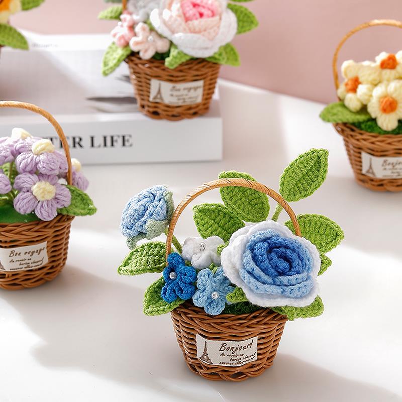 成品新款小花篮盆栽手工编织仿真花泡芙玫瑰笑脸桌面摆件装饰送礼