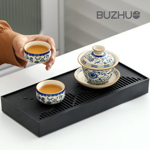 家用轻奢高档茶盘干泡台茶杯盖碗一壶二杯 青花汝窑功夫茶具小套装