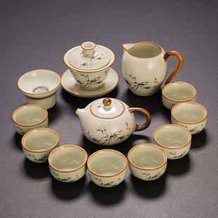 2025新款 米黄汝窑功夫茶具套装 泡茶专用西施茶壶盖碗茶杯家用全套
