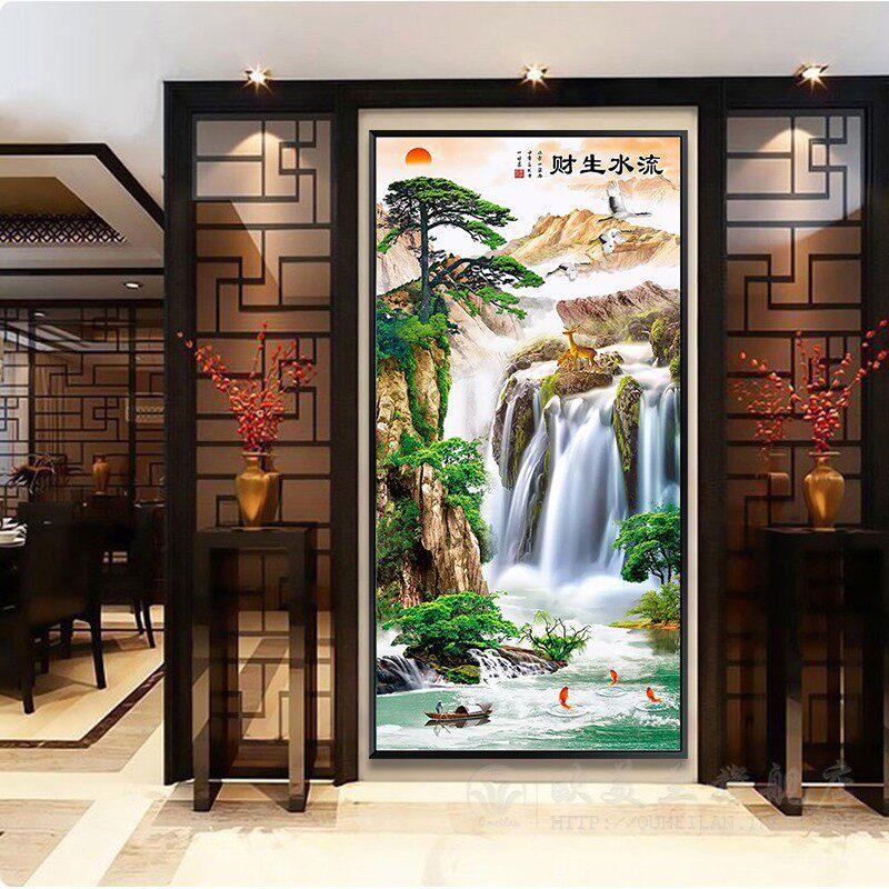 现代简2十字绣玄关竖版新款201线线绣招财风 水迎客松中国风流水