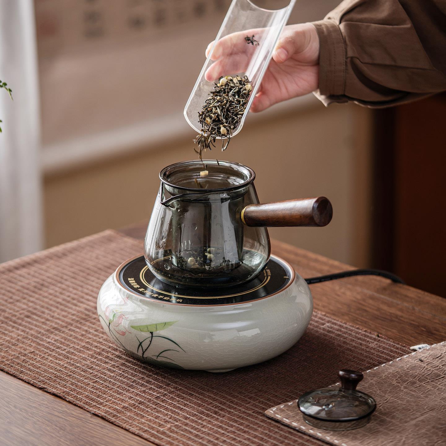 画冰裂续手荷花绘冰裂手绘电陶炉家室内煮茶围炉用壶花茶壶轻奢电