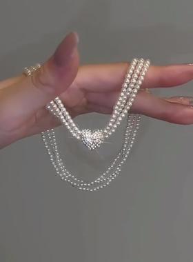 磁心三层珍珠项炼女士短款流行多用途锁骨炼2023新款女士项炼