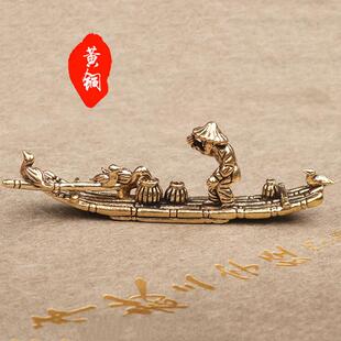 创意复古黄铜鹈鹕竹筏茶桌茶面茶宠装饰小摆件手把玩件铜器古玩