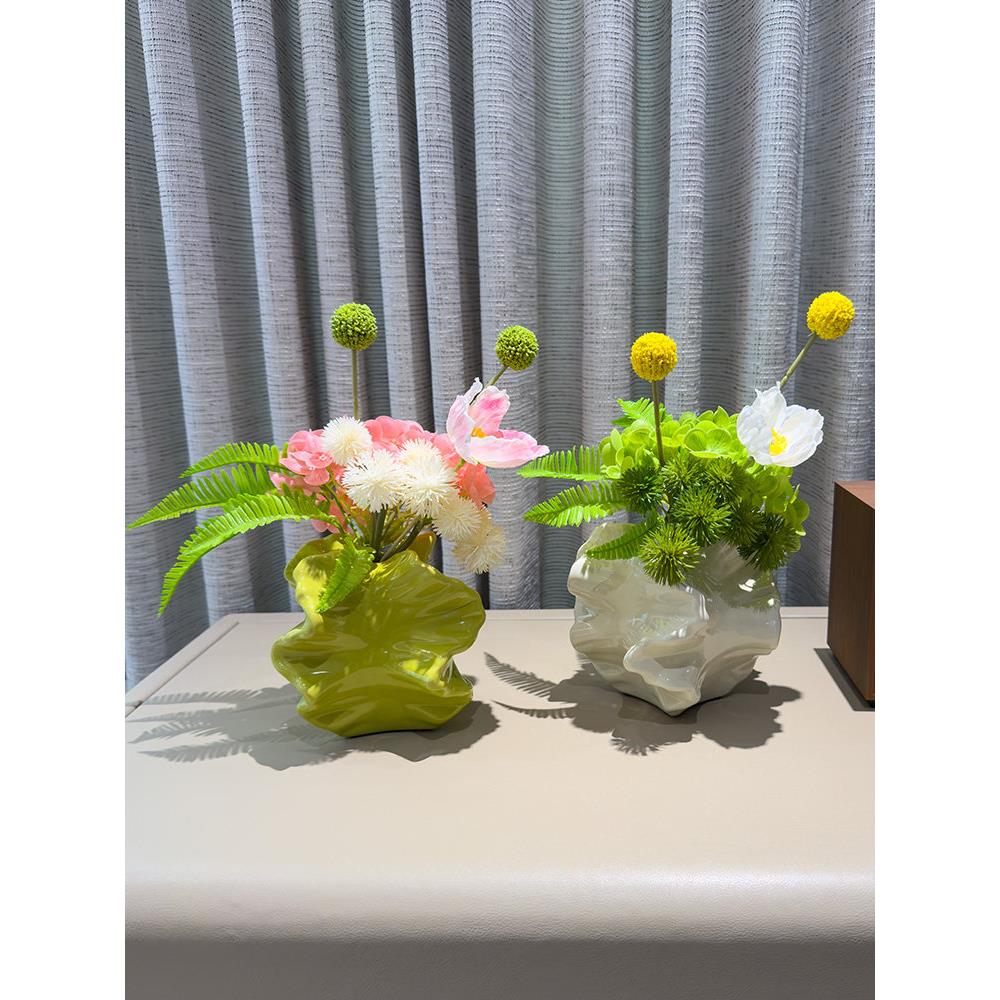 wo瓶+精致花小摆件褶艺台皱陶瓷花仿真绣球花束洽谈桌前餐桌褶皱