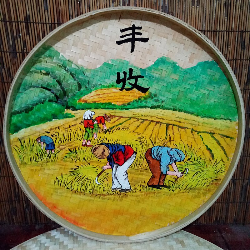 竹编簸箕画竹筛圆形挂件火锅饭店酒楼烧烤墙壁挂饰复古装饰画挂件图片