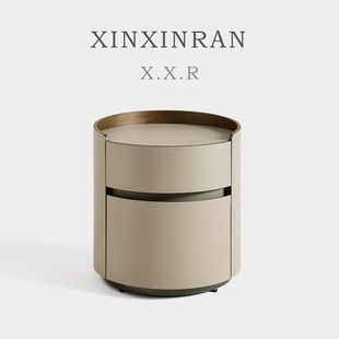 意式 XINXINRAN 极简马鞍皮贴面圆形双抽床头P柜高端卧室床边储物