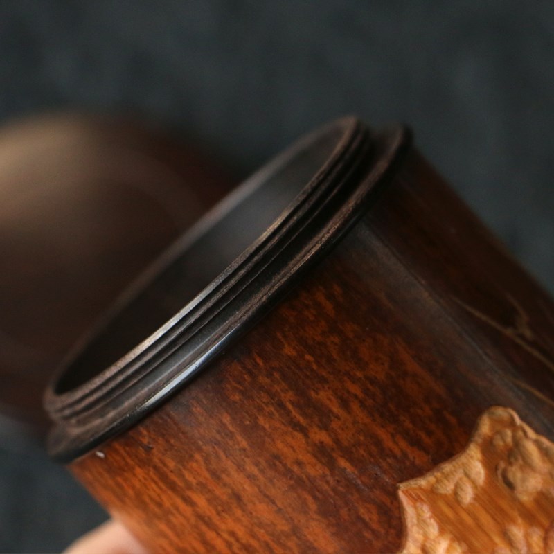 一物一拍纯手工雕刻天然超大老煤竹茶叶罐竹雕山石竹子图茶仓茶筒