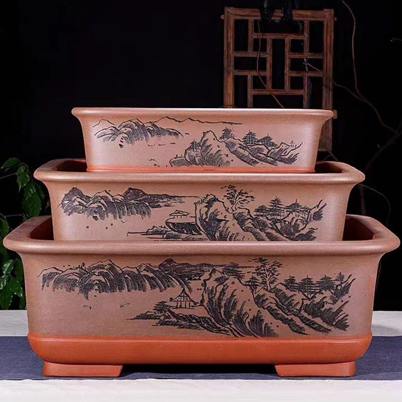 宜兴紫砂花盆纯手工刻绘树桩特大马槽长方形盆景盆盆栽包破损