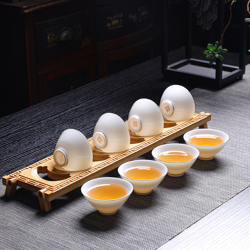 羊脂玉白b瓷斗笠杯8个装禅语小茶杯带杯架陶瓷茶具品茗杯茶盏待客