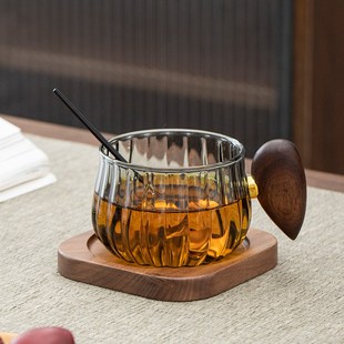加厚耐热玻璃茶杯咖啡杯恒温杯垫木把防烫水杯家用耐高.温玻璃杯