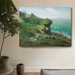 纯手绘米勒格雷维尔的峭壁绿色调油画风景级感客厅装饰挂画