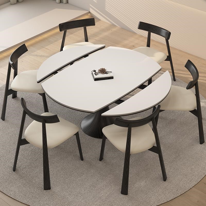 可伸缩实木岩板餐桌家用奶油中古风折叠方变圆两用小户型饭桌