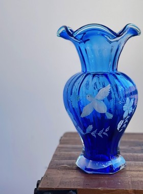手工瓣口大肚手绘鸟芬顿瓶水培蓝色琉璃插器家居装饰