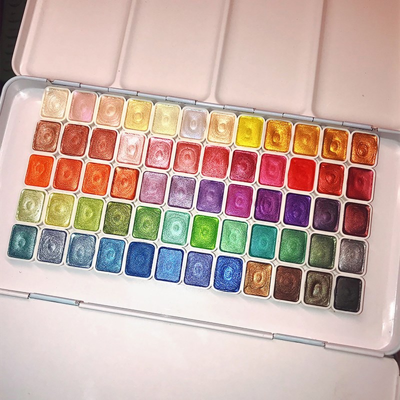 珠光色固体水彩颜料美甲缠花E三折页铁盒满天星国画国风闪粉