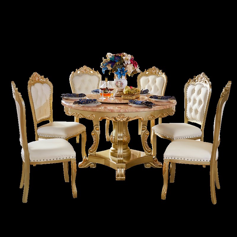 欧式实木圆餐桌椅法式香槟色大理石奢华圆餐台别墅大户型餐厅