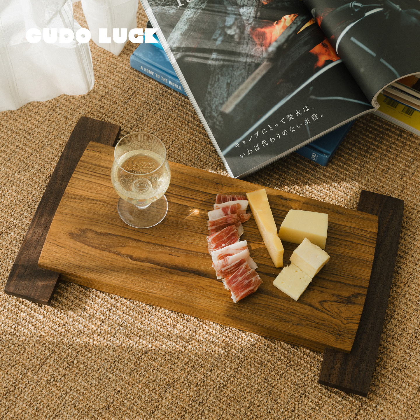 GUDOLUCK中古托盘缅甸柚木超大砧板黑胡桃木榫卯咖啡托盘实木餐盘