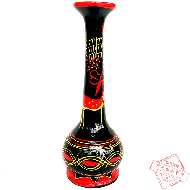 凉山彝族漆器实木花瓶 民间漆器彩绘纯手工艺品特色长劲 花瓶摆件