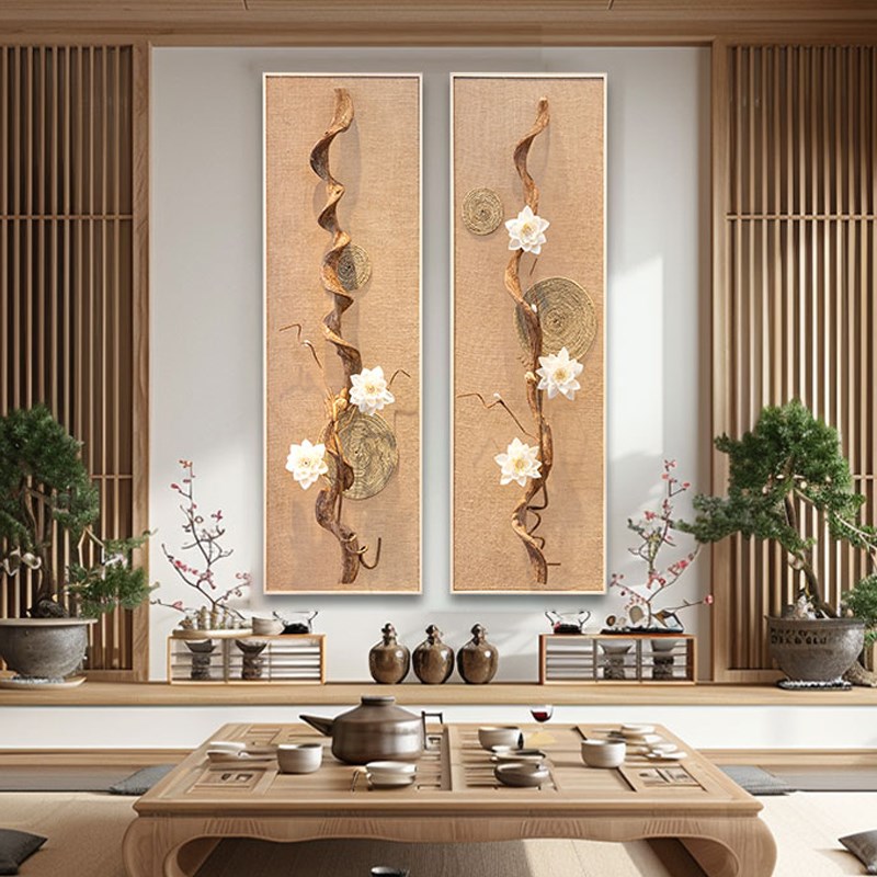 客厅装饰画实物挂件墙面装饰壁画中式复古三联画沙发背景墙挂画图片