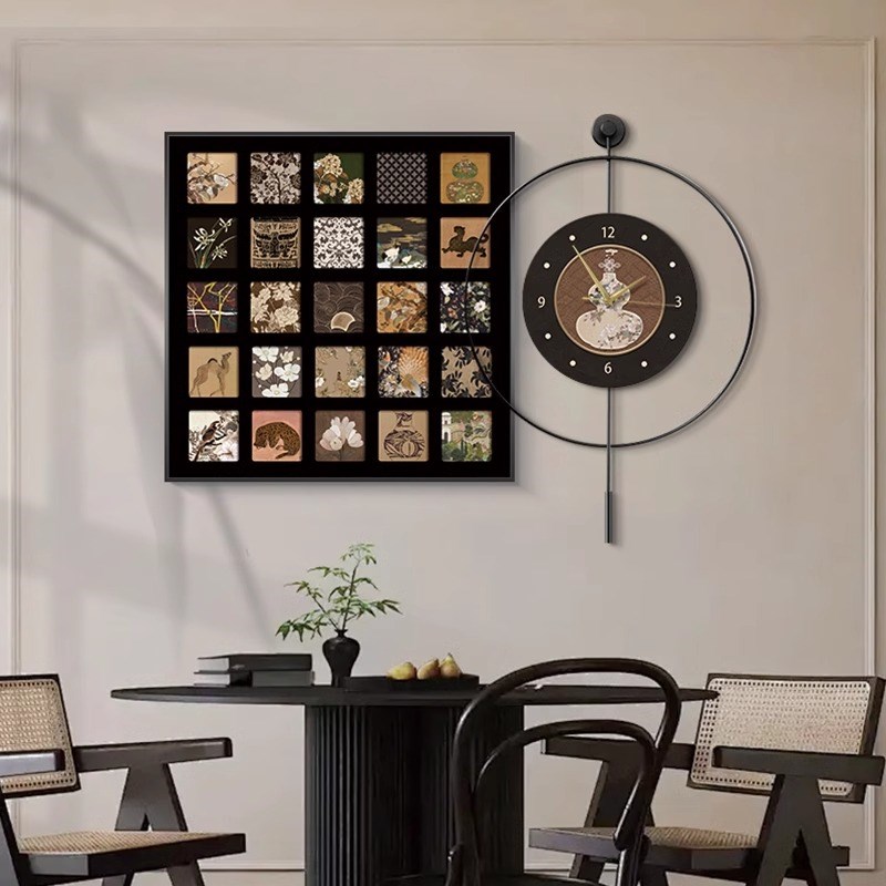 中古风百联餐厅装饰画复古饭厅摆钟挂画高档N餐桌背景墙带钟表壁图片