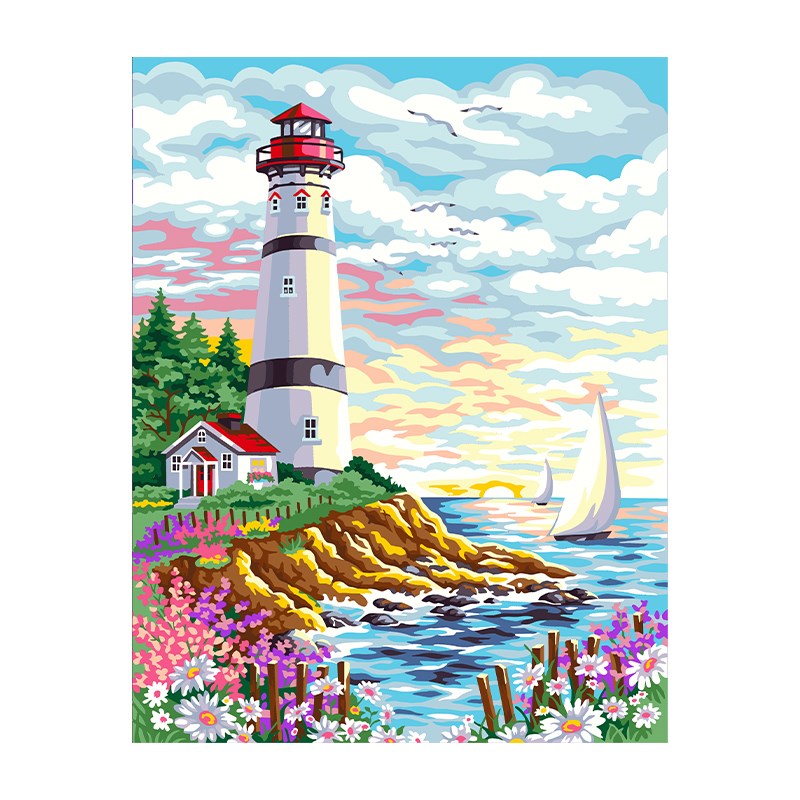 diy数字油画风景填充油彩画手工手绘涂色填色治愈装饰画 灯塔日出图片