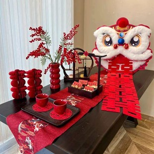 婚房布置结婚茶几套装客厅舞狮摆件装饰敬茶桌男方女方订婚宴全套