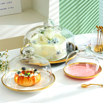 切块蛋糕托盘带盖旋转甜品玻璃罩蛋糕盖透明罩西点面包试吃展示盘