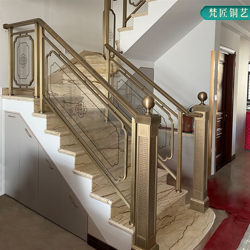 豪宅装修铜艺楼梯设计中式别墅楼梯扶手厂家铜装饰栏杆高档铜楼梯