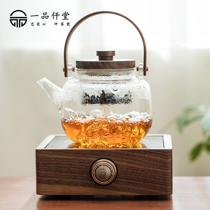 一品仟堂胡桃木玻璃煮茶壶黑晶炉煮茶器办公室耐热小型泡茶具套组