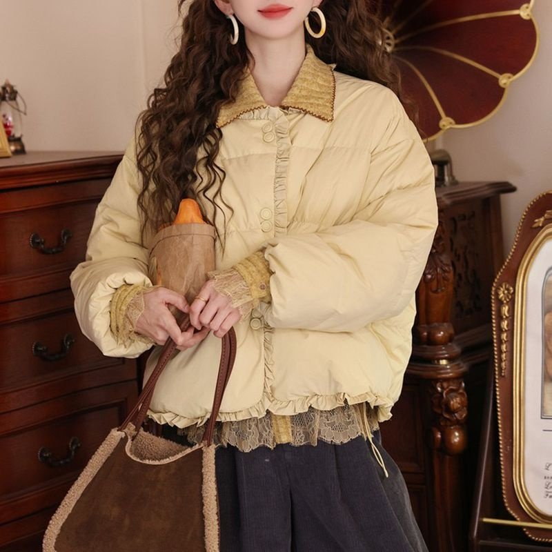 韩版圆领花边拼接单排扣棉服女2025冬季新款加厚保暖宽松显瘦棉衣,女装/女士精品,棉衣/棉服,淘宝优惠券,粉丝福利购,淘宝优惠卷