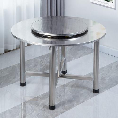 可折叠式不锈钢内置转盘圆方分体桌圆角包边压花图案餐厅转盘餐桌