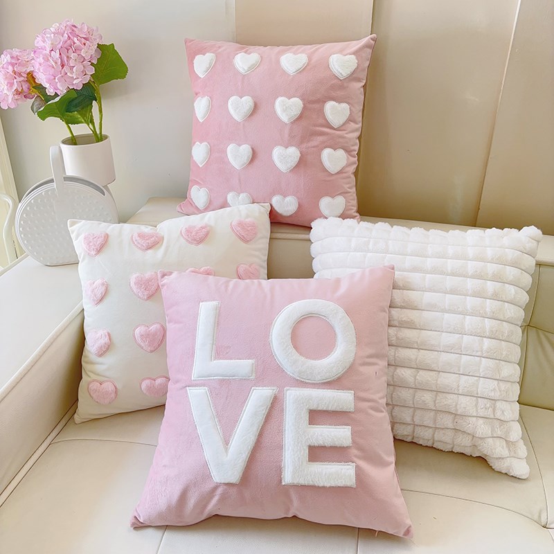 爱心毛绒兔子粉色刺绣抱枕 沙发客厅公主K风床头靠垫少女心靠枕套