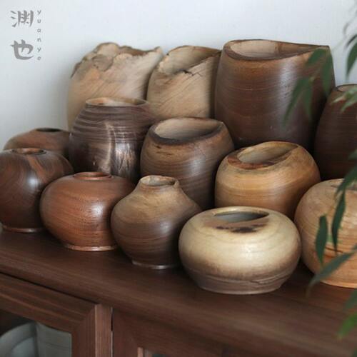 渊也原木手工实木罐工艺摆件木质收纳储物罐民宿客厅酒店装饰木器