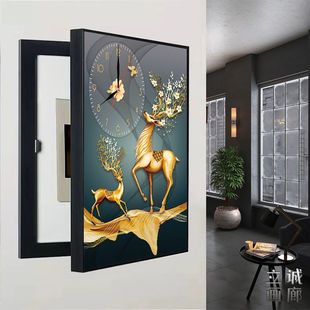 免打孔电表箱装饰画带钟表竖款现代遮挡客厅配电箱总关挂画