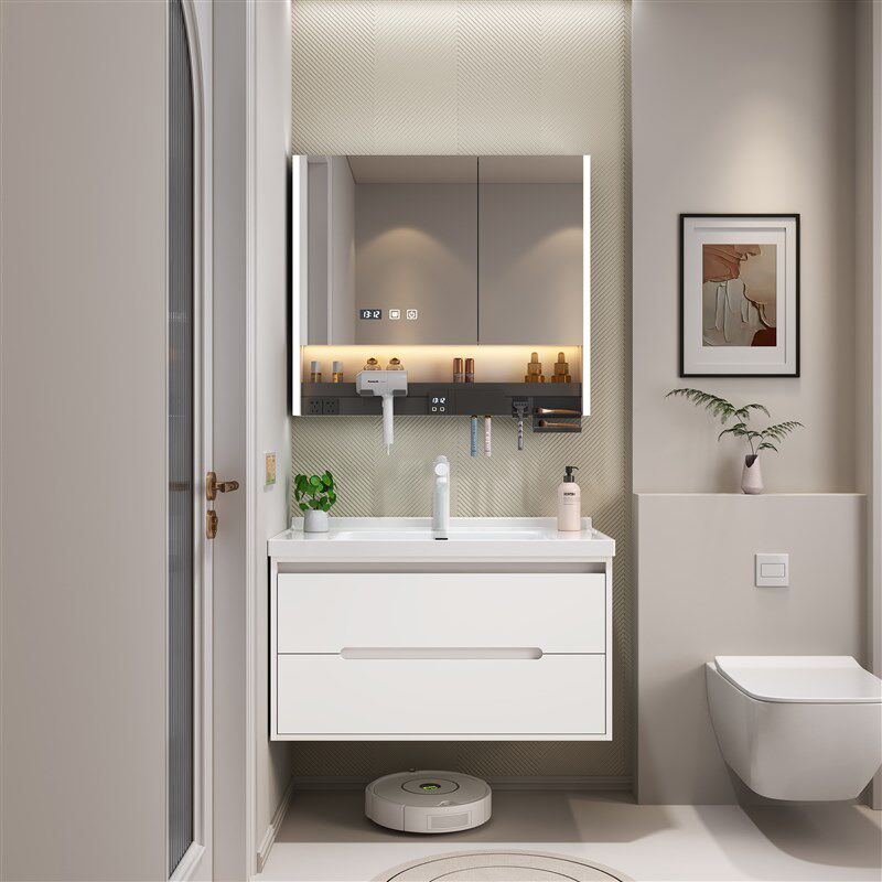 挂墙式橡木门板浴室柜陶瓷一体盆卫生间智能洗手洗脸盆洗漱台实木
