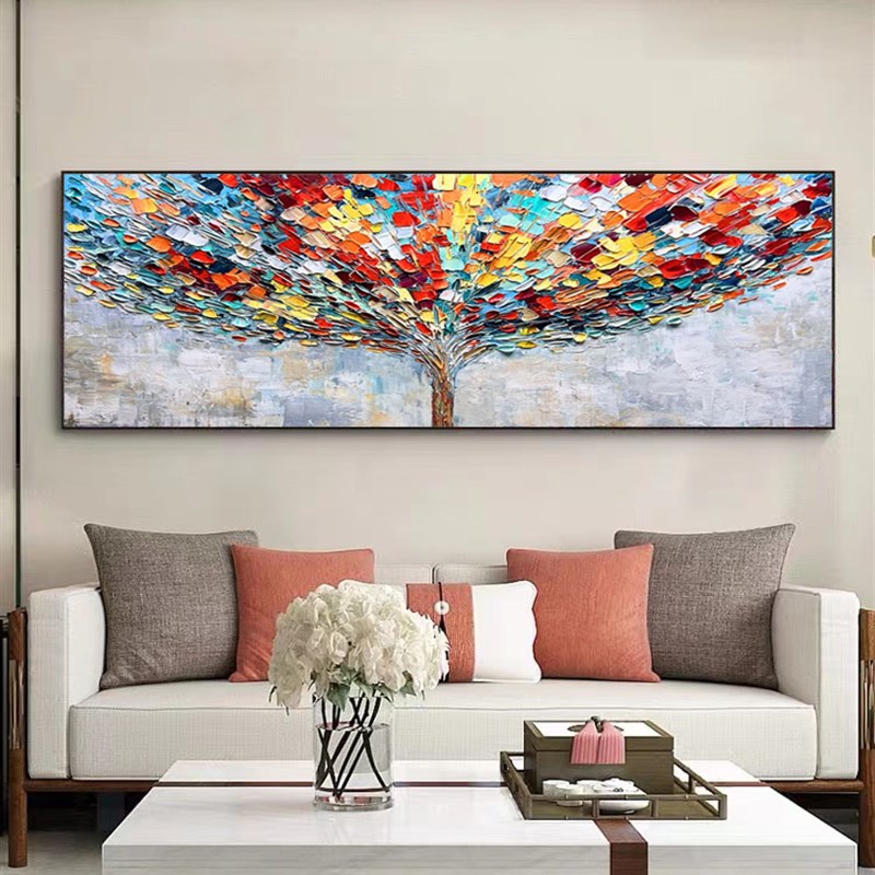 纯手绘油画横版发财树装饰画大幅客厅厚油立体挂画沙发背景墙壁画图片