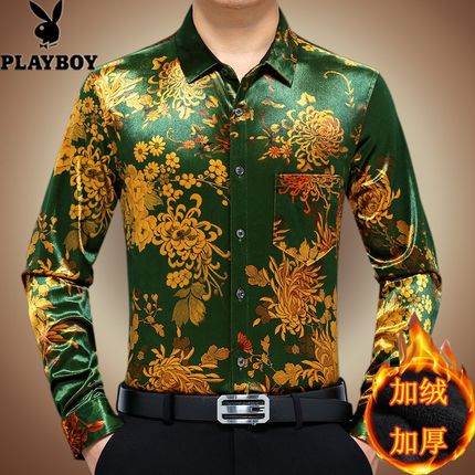 2024加绒加厚花衬衫男冬季一体绒保暖长袖印花衬衣休闲Z中年爸爸