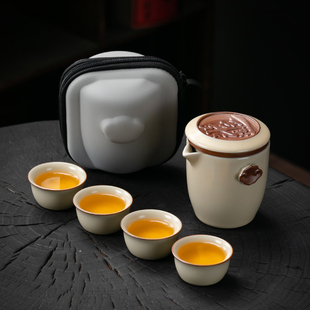 汝瓷快客杯露营随身泡茶一壶四杯套装 汝窑旅行功夫茶具户外便携式