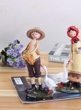 乡村田园树脂喂鹅情侣 创意礼物 家居店铺手工艺装饰品摆件