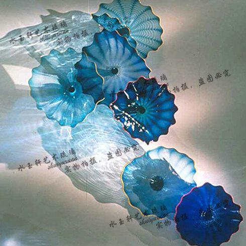 壁饰墙体装饰品玻璃盘壁挂蓝色琉璃荷叶盘子墙壁挂饰