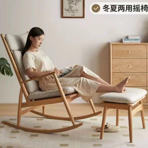 源氏实木沙发椅简约现代真皮橡木摇椅小户型客厅家用冬夏阳台休闲
