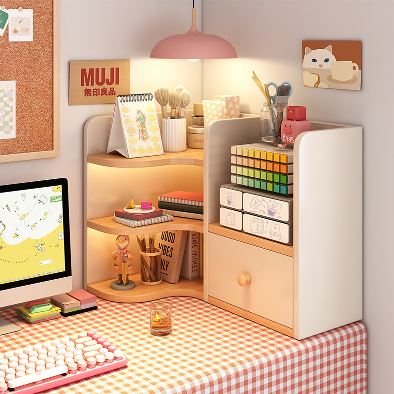桌面转角置物架奶油风办公桌上分层书架木质靠墙S收纳神器角落书