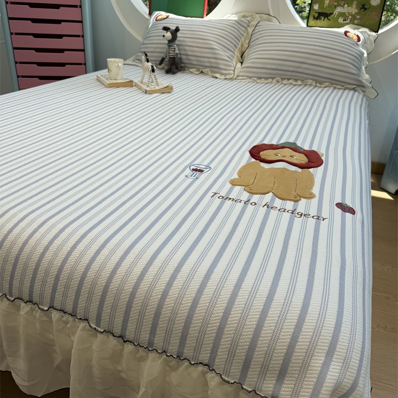 立体绣花床裙条纹番茄小猫夏凉席三件套可机洗空调席S柔软1.5m1.8