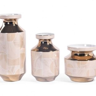 橙浅桔色陶瓷井田细脖宽口花瓶插花摆件欧式客厅样板房现代装饰品