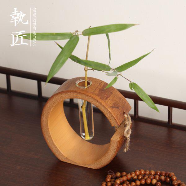 复古创意水培竹制小花瓶迷你花器插花干花禅意茶道桌面摆件新中式