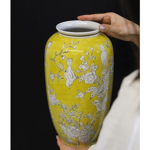 芙菡家居帝王黄灵雀兆喜古董藏品手绘釉下彩客厅水培陶瓷瓶