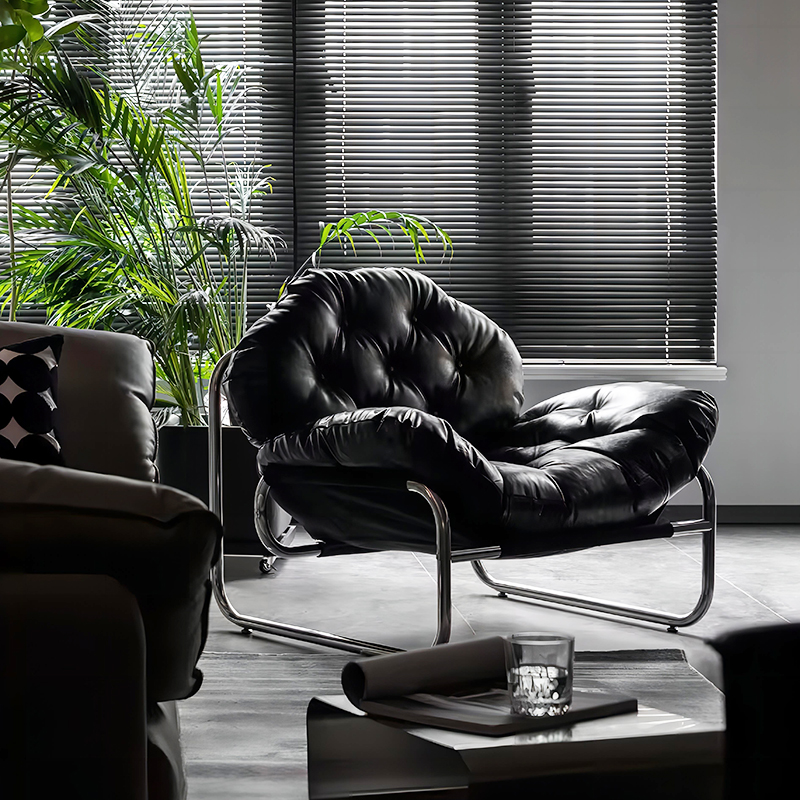 单人设计师沙发椅极简阳台休闲椅客厅单椅黑色小沙发中古懒人椅子