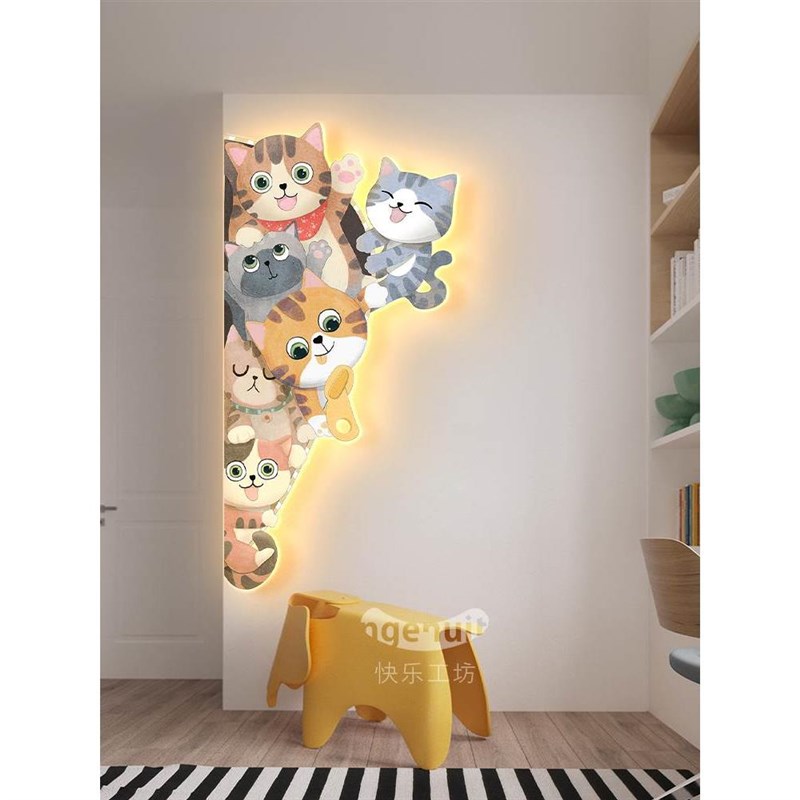 202新款儿童房装饰画房间女孩壁画卧室女儿动物壁灯男孩猫咪挂画