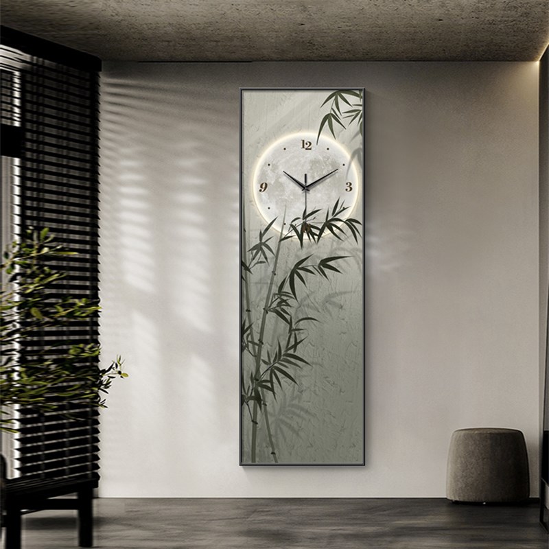 侘寂风竹子玄关装饰画钟表挂钟客厅竹报平安书房艺术创意时钟壁灯