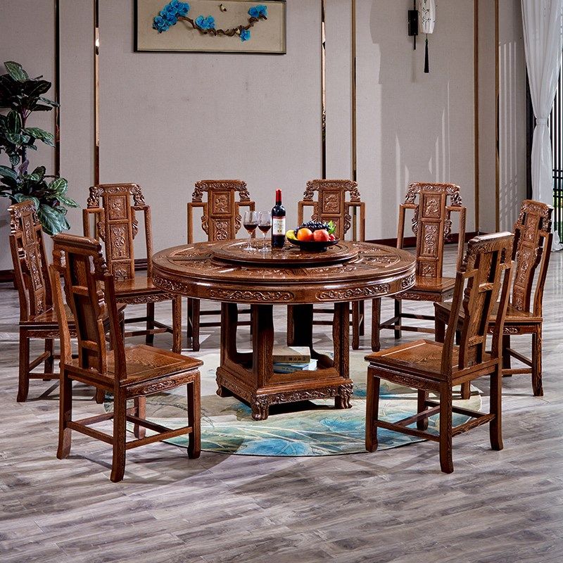 王木匠 鸡翅木餐桌椅圆台 实木红木中式饭桌雕花象头人